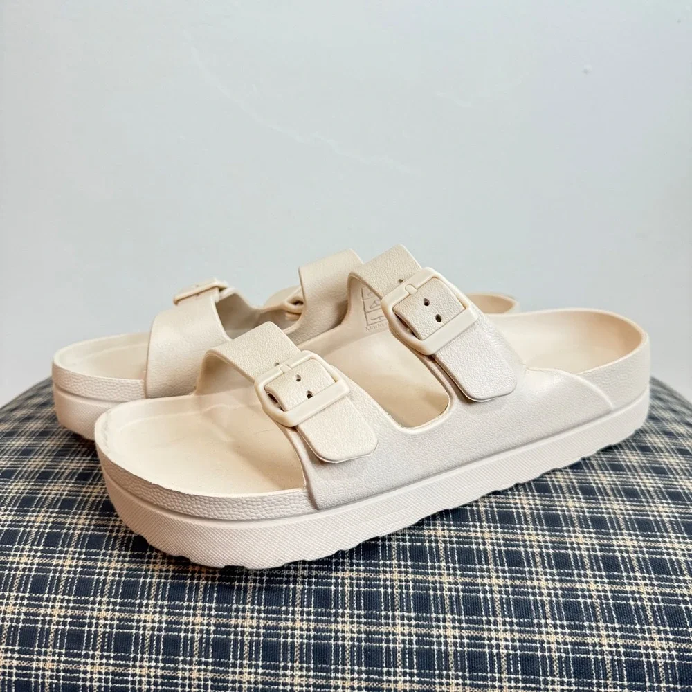 Double Buckle Platform Slide Sandals Size 39 Cream Beige Waterproof